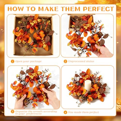 4 PCS Fall Candle Ring Wreaths Artificial Autumn Eucalyptus Candle Wreath with Leaves Berries Flowers Thanksgiving Farmhouse Harvest Wreath Candle Holder for Pillar Candles Table Centerpiece Decor - Image 4
