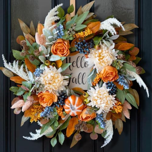 Harvest Fall Wreaths for Front Door 24 Inch Autumn Wreath with Rose&Dahlias by CHVista