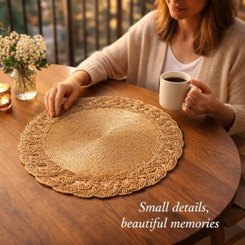 Beaded Round Placemats,Scroll Circle Design Set of 2 for Dining Table - Beaded Charger for Dinner Plate - Occasional Decoration - Gold Scroll - Image 3