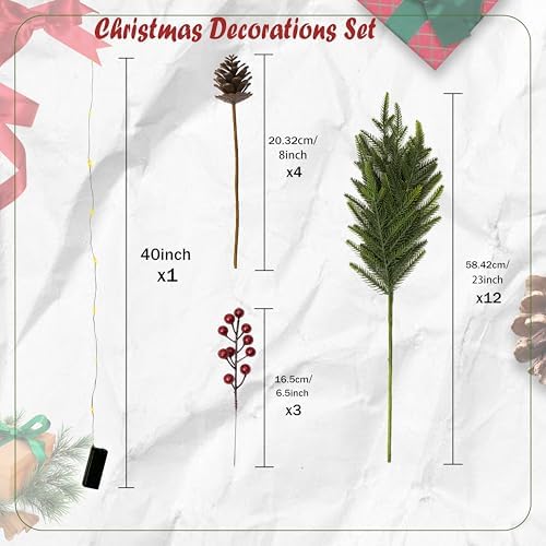 WHANLEY L&Q 20-Piece Set 23" Christmas Norfolk Pine Branches with Lights - Battery Operated Christmas Decorations - Warm Lights -Norfolk Pine Stems for Xmas DIY Crafts Garland Wreath- Christmas Decor - Image 3