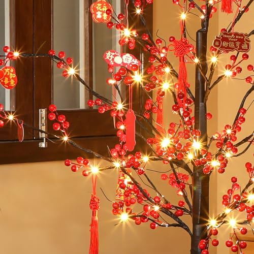 Aurelema 5 ft Lunar New Year Tree 80 LED, Red Lighted Tree with Lanterns - Image 4