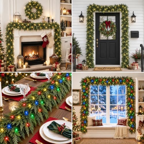 9FT Christmas Cedar Garland with Lights Real Touch Prelit Pine Garland - Image 5