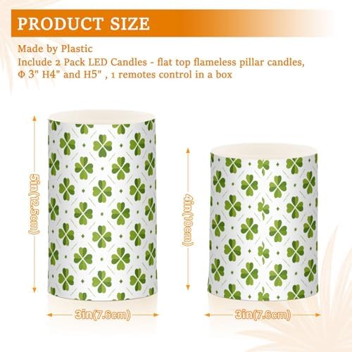 ALAZA St Patricks Day Clover Leaves Shamrocks Flickering Flameless Candles Battery Operated with Remote Timer,Tea Light Candles LED Pillar Votive Candles Set of 2 for Outdoor Indoor Decorations - Image 3