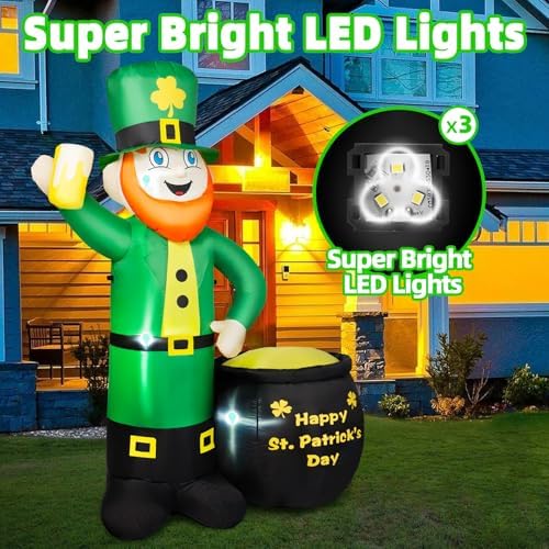 6FT St Patricks Day Inflatables Outdoor Decorations, Leprechaun Inflatable Holds Beer Cup with Pot of Gold Built-in LED Lights, St Patricks Day Decorations for Party Holiday Yard Garden Decor - Image 3