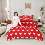 Red White Comforter Set Full Size Cute Heart Pattern Bedding For Kids Boys Girls Valentine Day Gift Quilt Cartoon Love Geometric Duvet Insert Love Heart Soft Warm Bedding Sets Bedroom Decor 3Pcs - Image 4