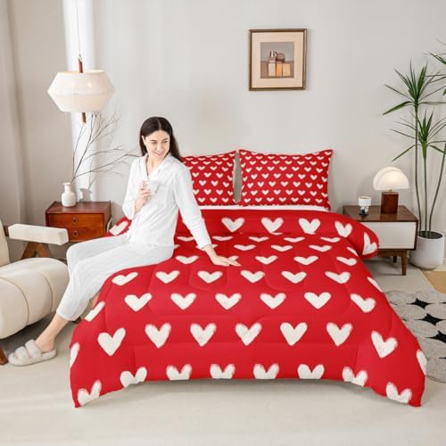 Red White Comforter Set Full Size Cute Heart Pattern Bedding For Kids Boys Girls Valentine Day Gift Quilt Cartoon Love Geometric Duvet Insert Love Heart Soft Warm Bedding Sets Bedroom Decor 3Pcs - Image 4