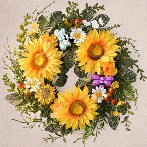 DecorbyHannah Sunflower Summer Wreaths for Front Door Outside All Season, 18 Inch Farmhouse Door Wreaths with Daisy and Bee, Sunflower Decor for Home Porch, Wedding Housewarming Gifts by DecorbyHannah