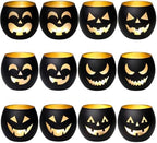 SHMILMH Halloween Table Centerpiece Candle Holders Set of 12, Black and Gold Glass Votive Holder with 6 Grimace, Tealight Holders Bulk for Halloween Party Decor by SHMILMH