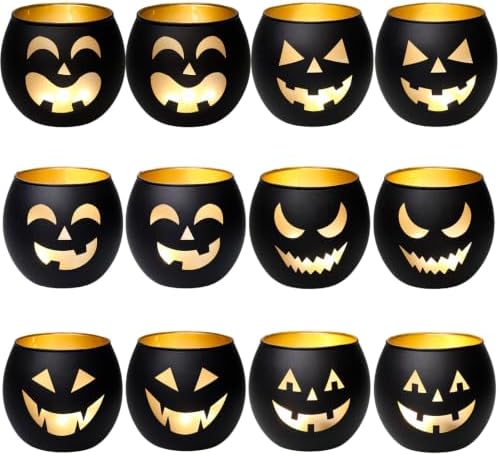 SHMILMH Halloween Table Centerpiece Candle Holders Set of 12, Black and Gold Glass Votive Holder with 6 Grimace, Tealight Holders Bulk for Halloween Party Decor by SHMILMH