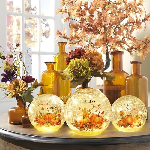 NEEDOMO Fall Table Decor, Set of 3 Sparkling Crackle Glass Ball with LED Lights Timer Pumpkin Gnomes for Thanksgiving Decor, Autumn Centerpieces Thanksgiving Decorations for HomeTabletop Mantel Indoor - Image 3