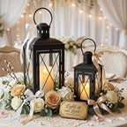 TRIROCKS Set of 2 Decorative Candle Lantern 12'' & 8'' High Metal Candle Holder Hanging Lantern Perfect for Home Decor Patio Living Room Parties Events Tabletop Indoors Outdoors (Black) - Image 2