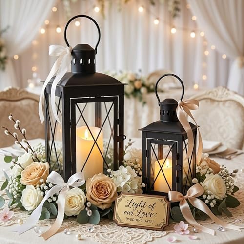 TRIROCKS Set of 2 Decorative Candle Lantern 12'' & 8'' High Metal Candle Holder Hanging Lantern Perfect for Home Decor Patio Living Room Parties Events Tabletop Indoors Outdoors (Black) - Image 2