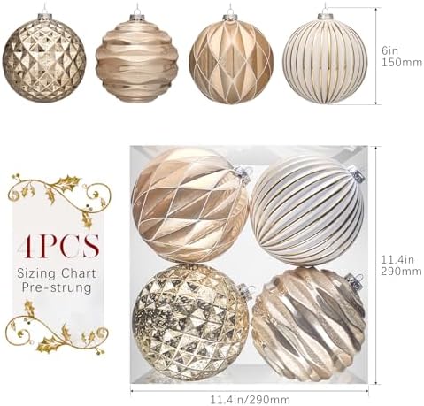 JORNOY Christmas Balls Ornaments Set, 6 inch/150mm Extra Large Shatterproof Plastic Hanging Bulbs for Xmas Tree Decorations Holiday Party with String, 4 Pack-Champagne White - Image 4