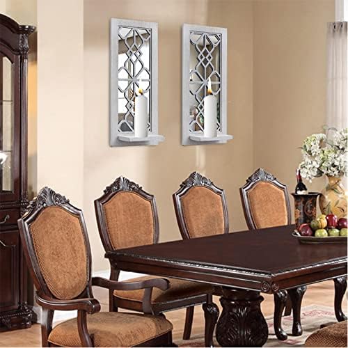 ZEXUIRU 2 Set Rustic Candle Sconces Living Room Bedroom Entryway Wood Mirrored, Farmhouse, Carved Frame Wall-Mount Wooden Candle Holders Wall Decor Hanging Handmade Holder - Distressed White - Image 2