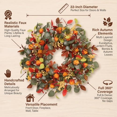 Fall Eucalyptus Lantern pods Wreath 22 Inch Front Door Decor - Image 4