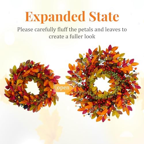 22 Inch Berry Branches Fall Wreath for Front Door Outside with Red Berries - Image 3