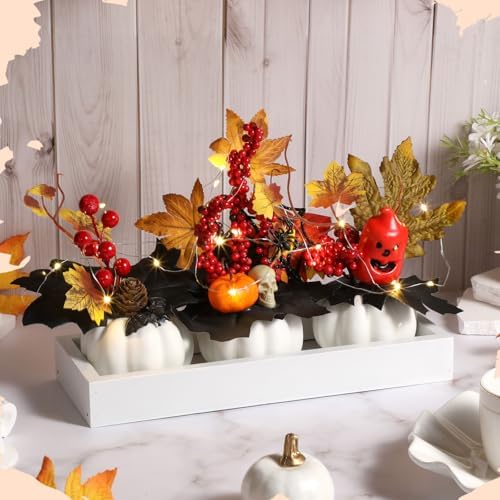 Yalikop 4 Pcs Pumpkin Table Centerpiece for Thanksgiving Decoration Mini Wood Tray with Artificial Fall Maple LED Light Skull Decor for Autumn Harvest Thanksgiving Party Supplies(White) - Image 4