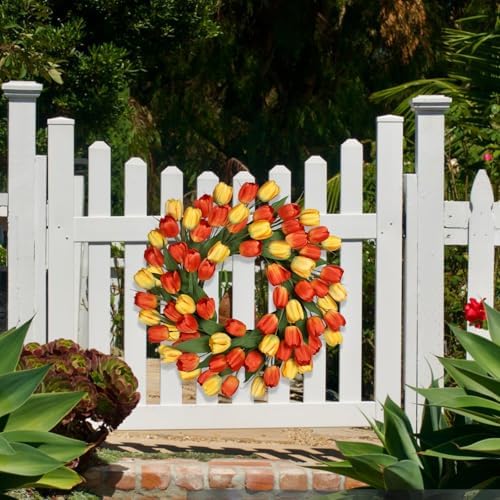24 Inch Tulip Summer Wreath for Front Door Spring Silk Wreath with Green Leaves Artificial Tulip Flower Wreaths for All Seasons Farmhouse Porch Wall Living Room Home Widding Decor - Image 5