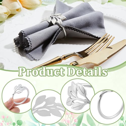 Peacoblue 60Pcs Sliver Leaf Napkin Rings Holders Modern Stainless Steel Napkin Ring Holders for Table Decor Settings, Vintage Napkin Ring for Wedding Christmas Thanksgiving Day Party - Image 5