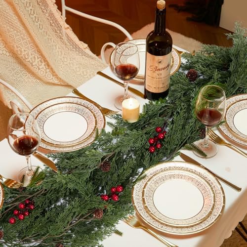 ENVEN Faux Cedar Christmas Garland with Red Berries & Pine Cones – Full Faux Winter Greenery for Holiday Mantel, Staircase, Doorway, Indoor Outdoor Christmas Décor (9FT-Deluxe Cedar) - Image 5