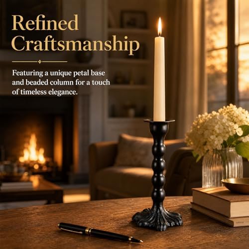 AIM & GGKK Black Candlestick Holders Set of 3, Premium Metal Taper Candle Holders with Elegant Petal Base & Beaded Column Design, Matte Black Finish for Table Centerpiece Wedding Party Home Decor - Image 4