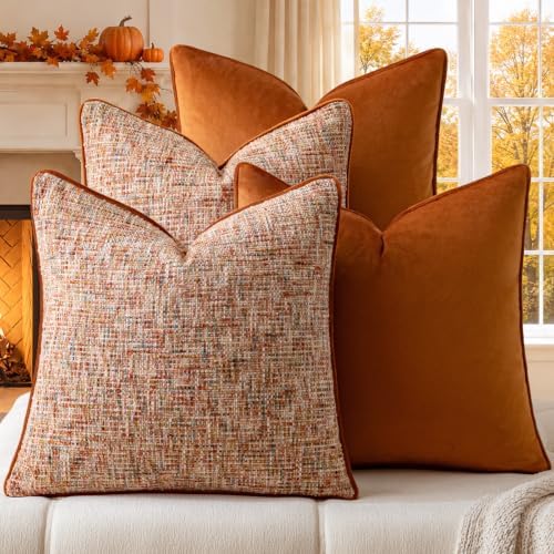a moment Orange 4 Pack Throw Pillow Covers - Chenille & Velvet Set with Piping, Farmhouse Textured Design Pillow Cases for Couch Sofa Bed Livingroom (16x16 Inch, No Insert) by amoment