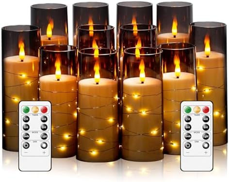 Sasigeiaa Flameless Candles with Embedded Star String - Battery Operated LED Candles, with Remote,12 Grey Flickering Candles for Christmas, Weddings, Home Decor & Party,(D 2.3"×H 5" 6" 7") by sasigeiaa
