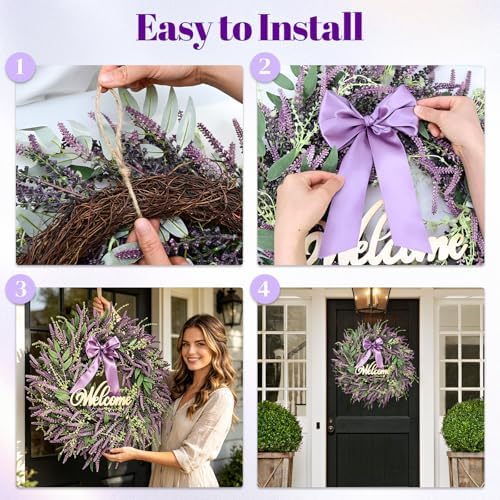 26 Inch Purple Lavender Wreath for Front Door, Lifelike Artificial Eucalyptus Door Hanger with Welcome Sign, Fade-Resistant Floral Ring for All Seasons Home Decor, Farmhouse Wall Ornament - Image 7