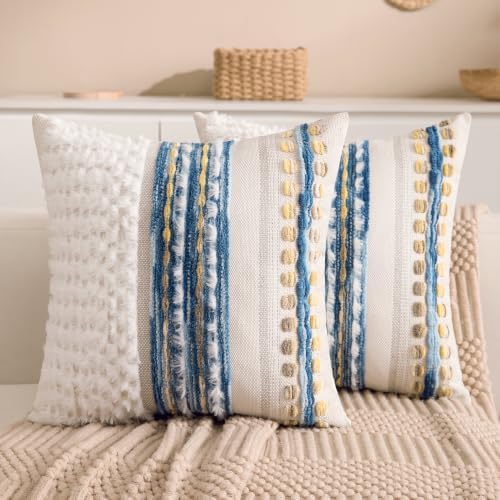 Boho Chenille Tufted Couch Throw Pillow Covers 18x18 Inch Set of 2 Farmhouse Striped Decorative Pillow Covers Accent Neutral Square Pillowcase Blue Cushion Covers for Livingroom Sofa Bed by KOOLIFE