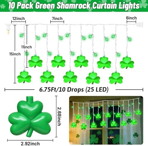 25 LED Green Shamrock Icicle Lights, 6.75FT St. Patricks Day Lights Curtain String Lights with 10 Shamrock & 25 LED Light for Lucky Clover St Patrick's Decorations Indoor Home Window Proch Party Decor - Image 2