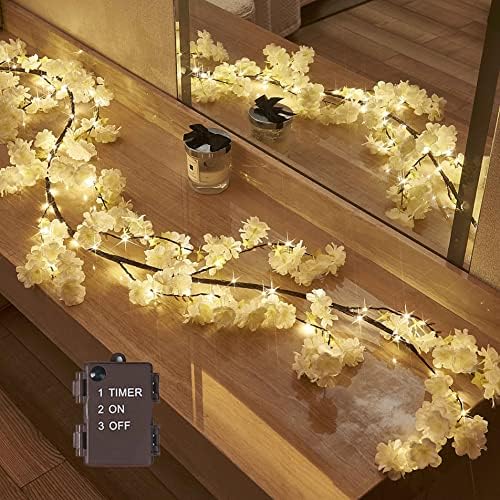 Hairui Cherry Blossom 96 LED Fairy Lights 6FT Garland, White, Battery Operated with Timer for Indoor/Outdoor Decor by Hairui