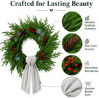 24 Inch Christmas Wreath for Front Door with Decorative Wreath Sash, Faux Norfolk Pine Wreath with Red Berries Pinecones and Eucalyptus Leaves, Farmhouse Holiday Decor - Image 5