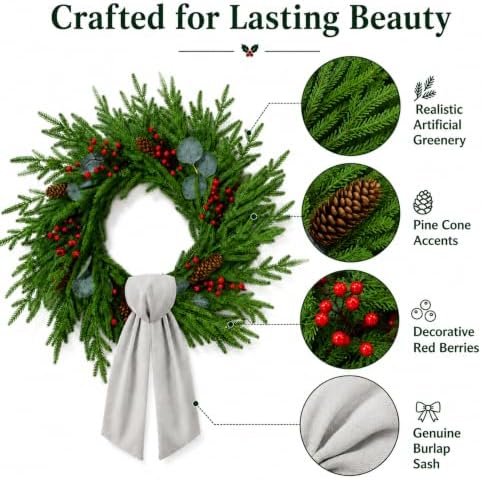 24 Inch Christmas Wreath for Front Door with Decorative Wreath Sash, Faux Norfolk Pine Wreath with Red Berries Pinecones and Eucalyptus Leaves, Farmhouse Holiday Decor - Image 5