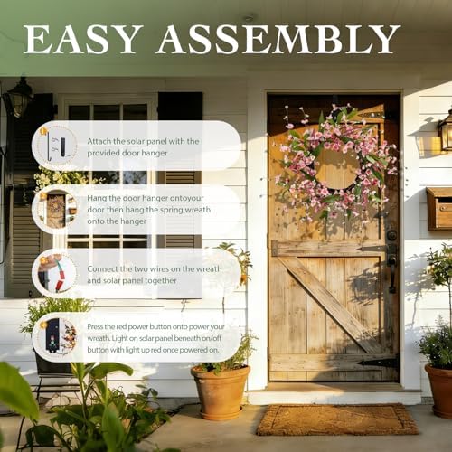 Solar Spring Wreath for Front Door Pre-lit 24inch 50LED Wreaths Spring Decorations for Home Outside Aftificial Pink Flower Wreaths Summer Decor Wreath for Wall Festival Decor(2402) - Image 3