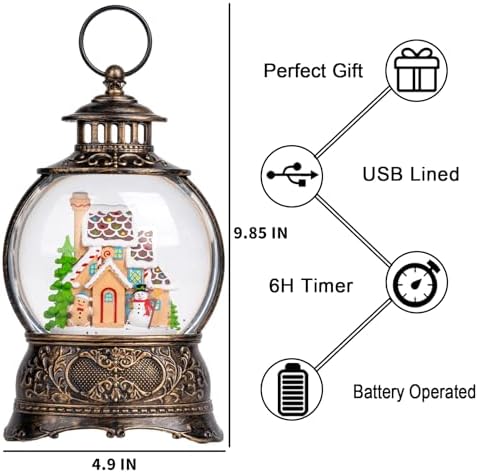 Christmas Snow Globe Lighted Gingerbread House Scene, Musical Snow Water Lantern Swirling Glittering Home Decoration and Gift, Battery Operated or USB Powered - Image 2