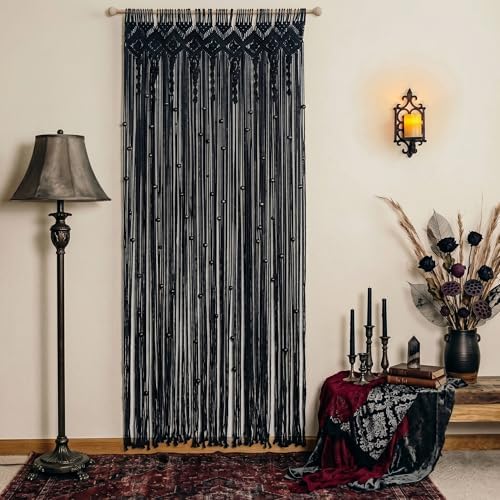 Black Gothic Tapestry Curtains, Moody Boho Macrame Wall Hanging for Bedroom Living Room Whimsigoth Decor, 36" W x 84" L - Image 5