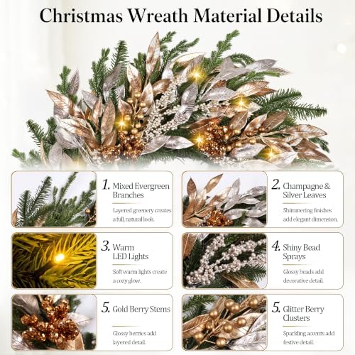 Christmas Wreaths for Front Door - 8 Lighting Modes 26 Inch Real Touch Pine Wreath with Gold Leaves & Champagne Berries Prelit Winter Wreath for Outdoor Christmas Decorations Windows Indoor Home Decor - Image 2