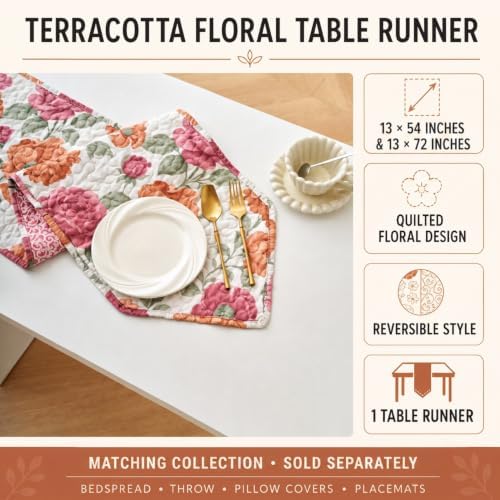 Tache Quilted Floral Table Runner - Terracotta Rose Garden Botanical Print for Dining Room Table Decor, Boho Rustic Farmhouse Centerpiece for Everyday, Spring & Fall (13x54) - Image 2