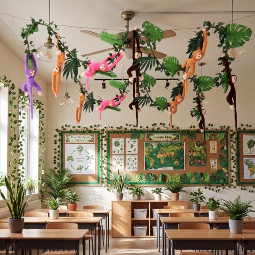 Chivao 69 Pcs Jungle Party Decoration Include 8 Hanging Plush Monkey Stuffed Animal, 10 ft Artificial Rattan, 50 Palm Leaves with 10 Fake Ivy Vine for Classroom Birthday Party Favor(4 Colors) - Image 5