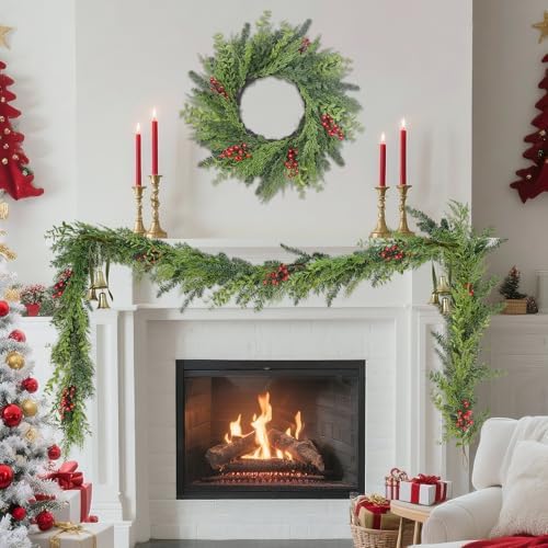 9FT Real Touch Artificial Cedar and Eucalyptus Garland with Vibrant Accent Berries - Flexible Greenery Decor for Mantel, Staircase, Banister, Doorway - Image 4