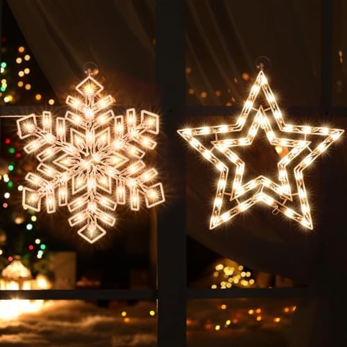 50L Lighted Christmas Sculpture,Including: Snowflake x1,Star x1, for Holiday Indoor and Outdoor Wall Door Christmas Window Decorate by JUSTPRO
