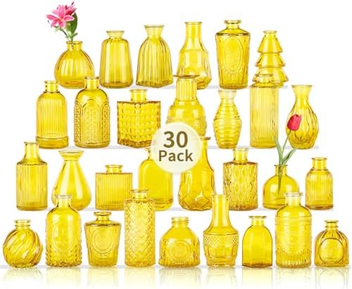 Mini Glass Bud Vases for Wedding & Bridal Shower Centerpieces,Versatile Glass Vases for Home Decor,Party & Anniversary Decorations,Candle Holders,Hydroponics, Aromatherapy Bottles(Pack of 30,Yellow) by earthgadgets
