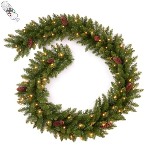 9FT Prelit Artificial Christmas Garland with Dual Color LED Lights and Timer by Remote Control and Batteries Operated for Mantle Stairs Fireplace Door Xmas Decoration, Indoor Outdoor, Green by AmerzestXmastree