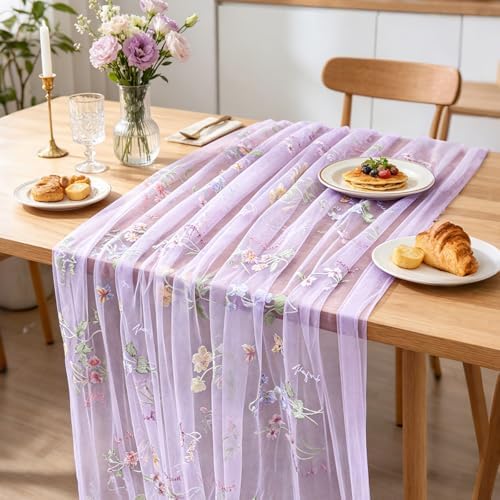 BINBE 12pcs Purple Florals Table Runner Embroidery Gauze 10FT Daisy Seasonal Tulle Birthday Wedding Holiday Kitchen Dining Table Decor for Home Party - Image 4