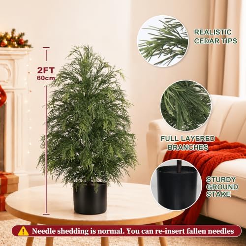 Grooy 2FT Artificial Cedar Topiary Trees, 2 Pack Fake Shrubs with Pot - Image 4