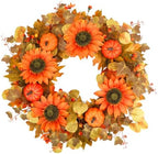 24 Inch Fall Wreath for Front Door, Autumn Harvest Wreaths with Yellow Leaves, Sunflower, Orange Pumpkin, Artificial Wreath for Indoor Outdoor Porch Thanksgiving Home Farmhouse Decorations by LittleGlee