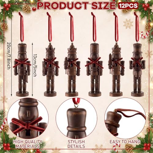 Amyhill 12 Pack Christmas Nutcracker Ornaments 5 Inch Rustic Wood Nutcracker Soldier Figurines with Velvet Bow and Hanging String Vintage Tree Decorations for Christmas Tree Mantle Holiday Decor - Image 2