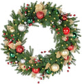 32 Inch Lighted Christmas Wreath with 60 Warm White LEDs and Timer, Battery Operated Pre-Lit Artificial Wreath with Christmas Ornaments and Gold Mesh Leaves for Front Door and Mantel by Arborvigro