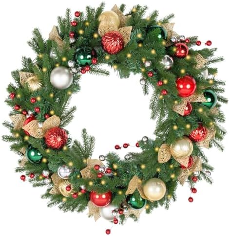 32 Inch Lighted Christmas Wreath with 60 Warm White LEDs and Timer, Battery Operated Pre-Lit Artificial Wreath with Christmas Ornaments and Gold Mesh Leaves for Front Door and Mantel by Arborvigro