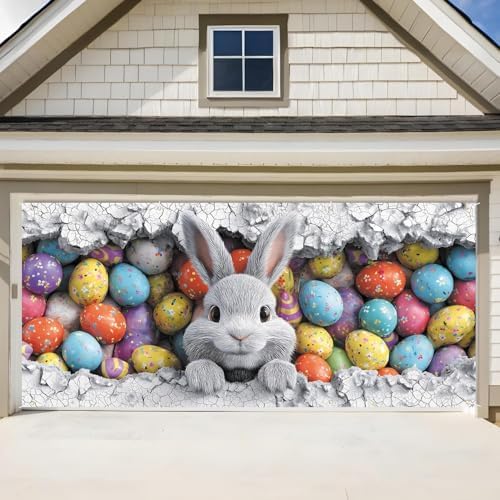 ANNA QUEEN Easter Bunny Garage Door Banner 6x13FT, Cute Rabbit Peeking Cracked Wall Garage Door Cover with Colorful Eggs, Large Outdoor Spring Decoration Backdrop for Double Garage Door & Egg Hunt Party by ANNAQUEEN
